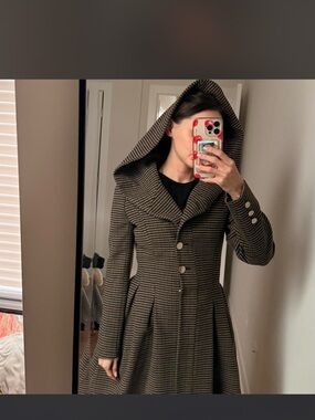 Striped Hooded Fit-and-Flare Coat in Olive/Brown